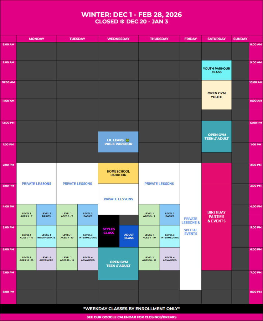 Boulder Parkour Classes, Calendar