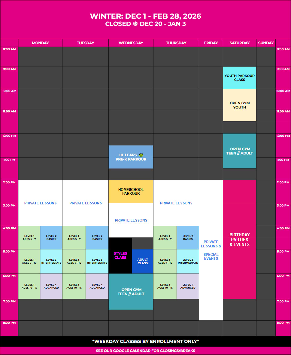 Boulder Parkour Classes, Program Schedule