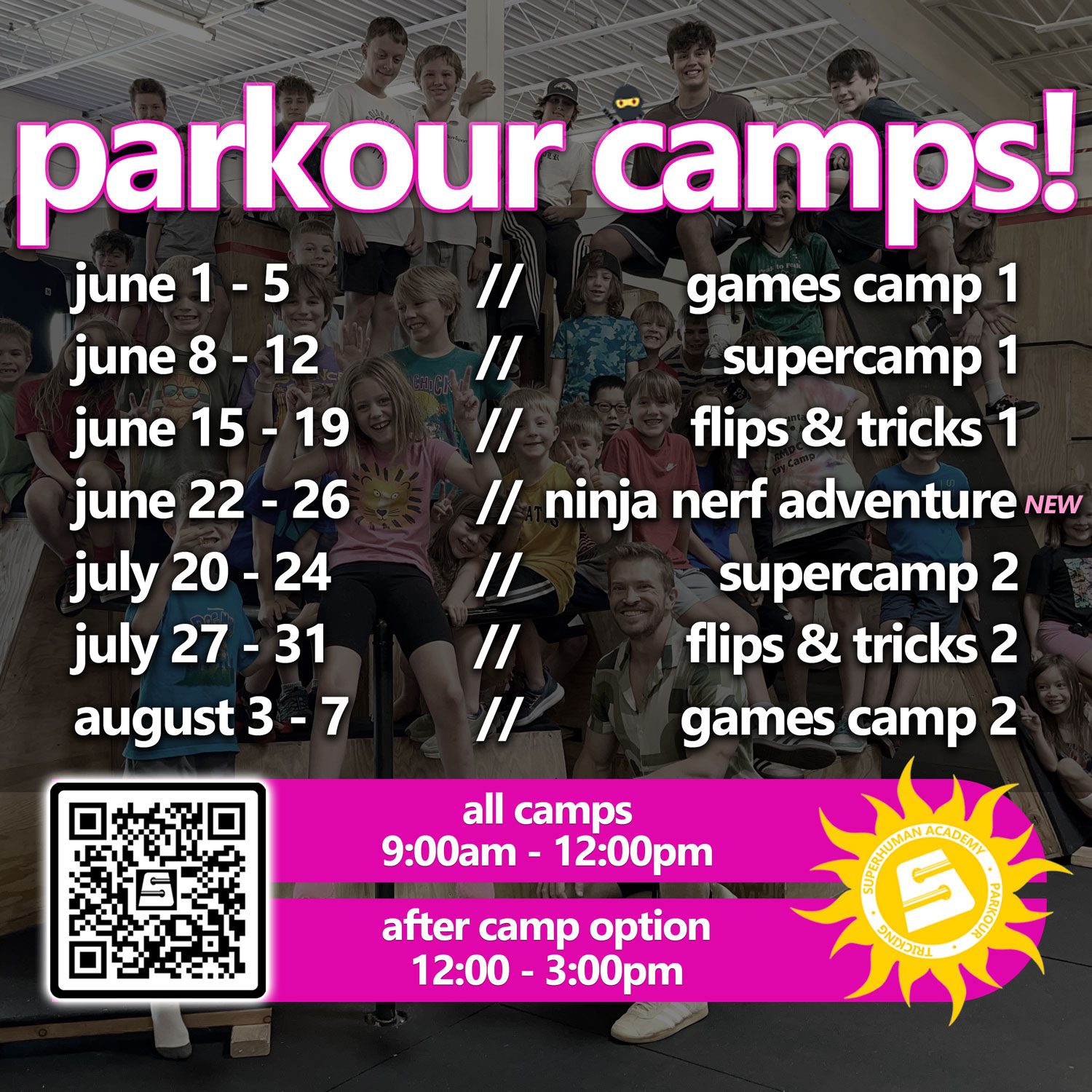 Parkour Summer Camps in Boulder for kids ages 5-17 at Superhuman Academy. Summer camps 2026.