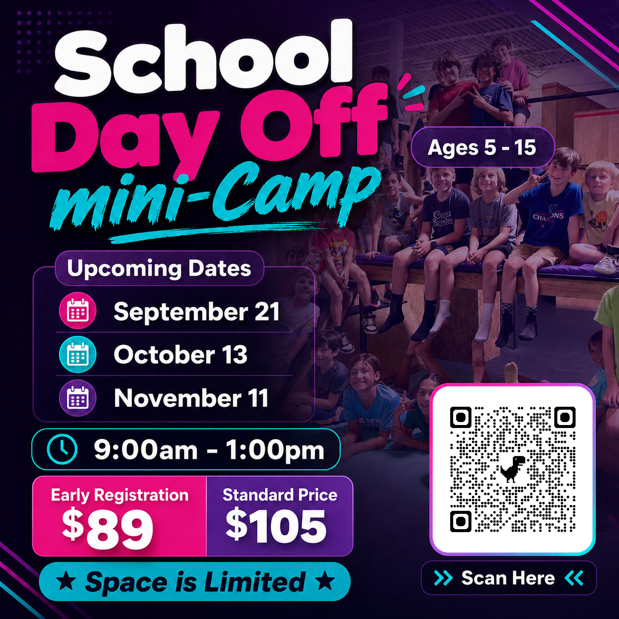 School Day Off Mini Camp for ages 5 to 15 on September 21, October 13, and November 11 from 9:00am to 1:00pm