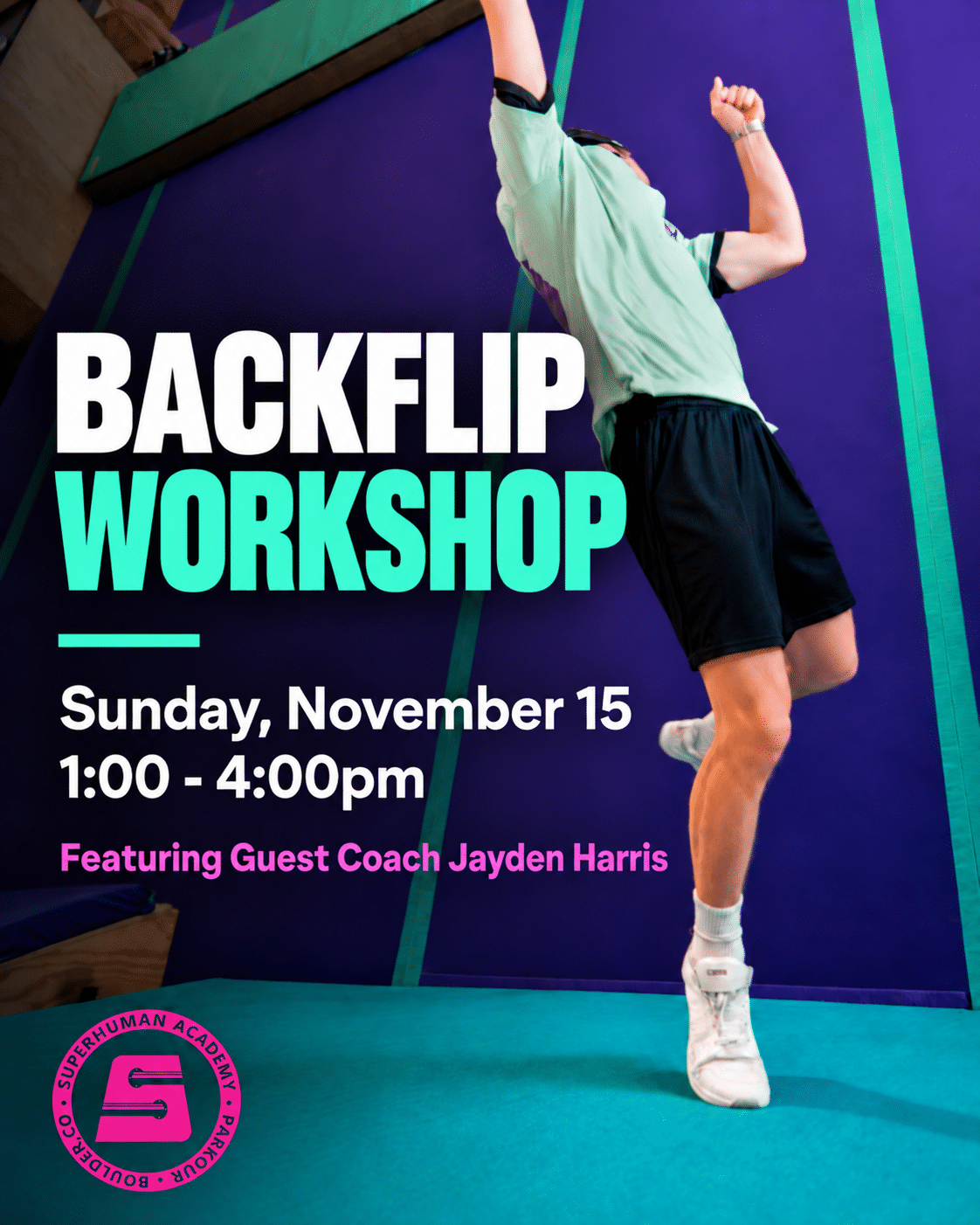Backflip Workshop at Superhuman Academy featuring guest coach Jayden Harris